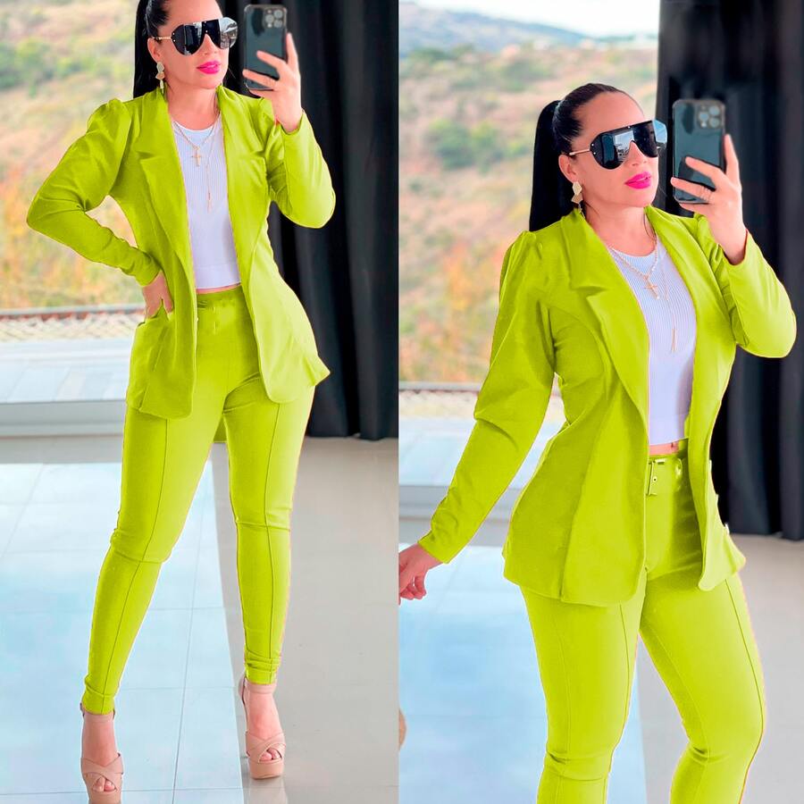 Conjunto femenino 3 piezas blazer pantalón y top - Verde Lima - Ver 1