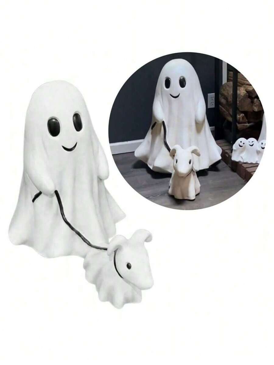 Halloween Ghost Walking Dog Statue, Large/Medium Ghost Walking His Ghost Dog, Spooky Ghost Dog Halloween Figurine For Yard, Garden, Corridor,Tabletop Decorations - B - View 1