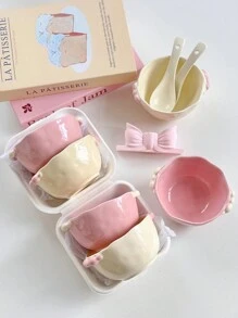 2 件/4 件套柔和色彩可爱小手柄陶瓷碗，适合甜点/沙拉/酸奶/麦片，适合家庭/餐厅/礼物，微波炉和烤箱友好圣诞礼物，学校用品 - 拼色珠點碗 - 查看 2
