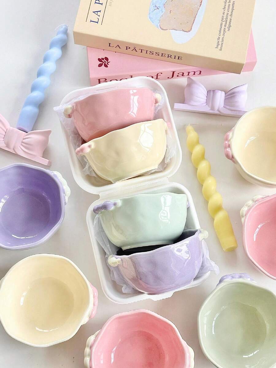 2 件/4 件套柔和色彩可爱小手柄陶瓷碗，适合甜点/沙拉/酸奶/麦片，适合家庭/餐厅/礼物，微波炉和烤箱友好圣诞礼物，学校用品 - 拼色珠點碗 - 查看 1