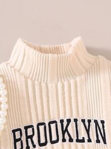 Young Girls 2pcs Set: Turtleneck Letter Embroidery Cropped Fuzzy Ribbed Long Sleeve Top + Solid Elegant Spaghetti Strap Fuzzy Ribbed Dress, Autumn/Spring