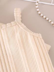 Young Girls 2pcs Set: Turtleneck Letter Embroidery Cropped Fuzzy Ribbed Long Sleeve Top + Solid Elegant Spaghetti Strap Fuzzy Ribbed Dress, Autumn/Spring
