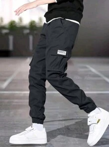 1 pieza Pantalones cargo informales de corte holgado para niños adolescentes con bolsillos, para primavera y otoño - Gris - Ver 1