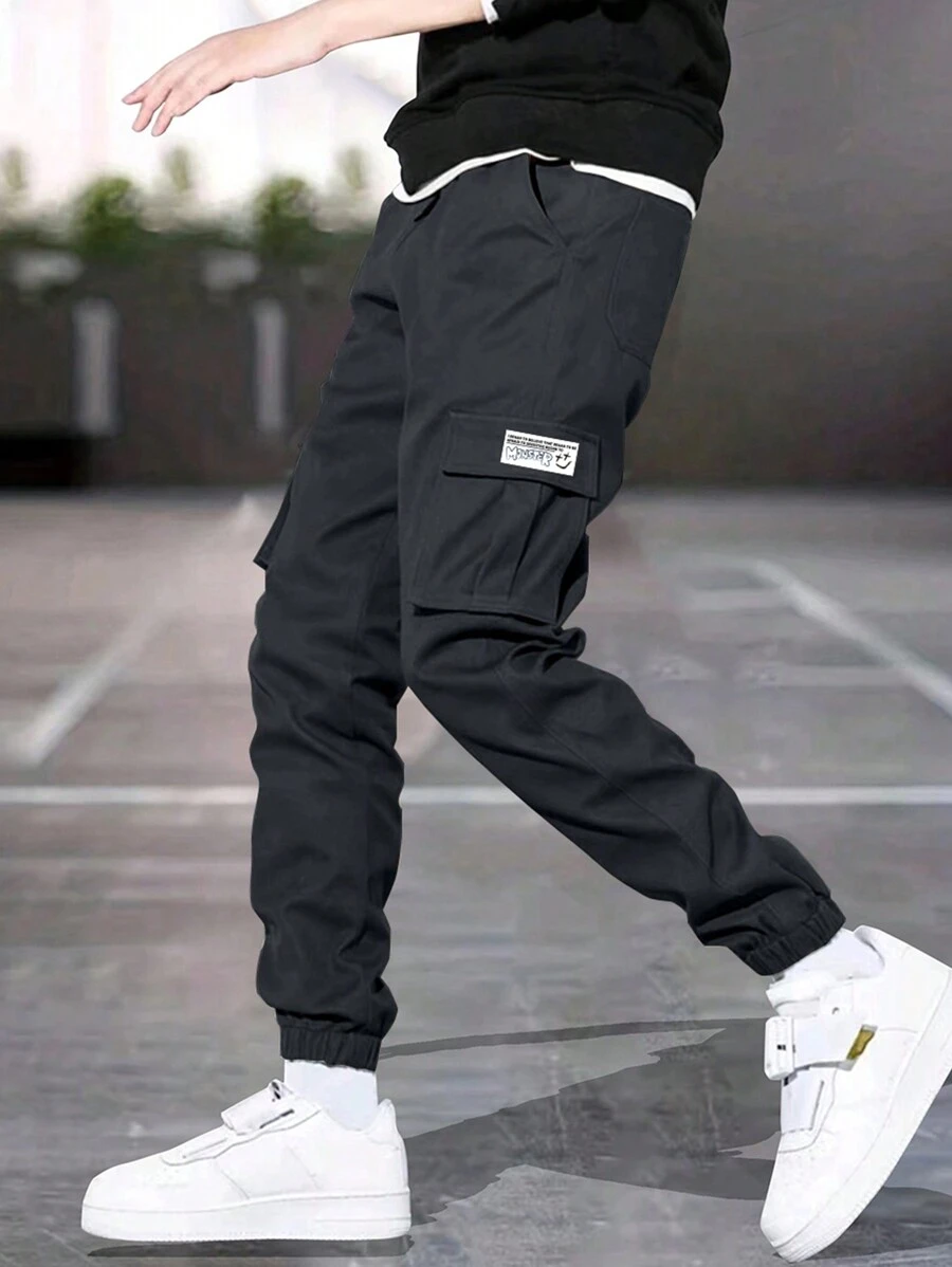 1 pieza Pantalones cargo informales de corte holgado para niños adolescentes con bolsillos, para primavera y otoño - Gris - Ver 1