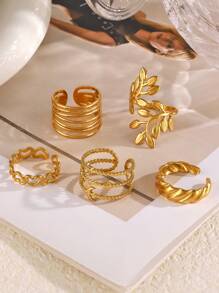 5 peças/conjunto de anéis abertos de aço inoxidável com linha de folhas elegantes, adequados para uso diário feminino