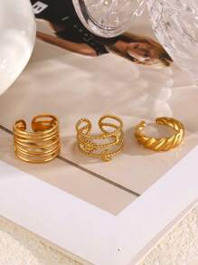 5 peças/conjunto de anéis abertos de aço inoxidável com linha de folhas elegantes, adequados para uso diário feminino