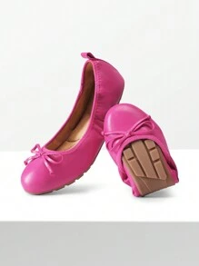 Women Hot Pink Bow Knot Flats Slip On Ballet Flats Round Toe Foldable Comfortable Soft Lightweight Travel Vacation Dress Flats Shoes - Hồng - Xem 6