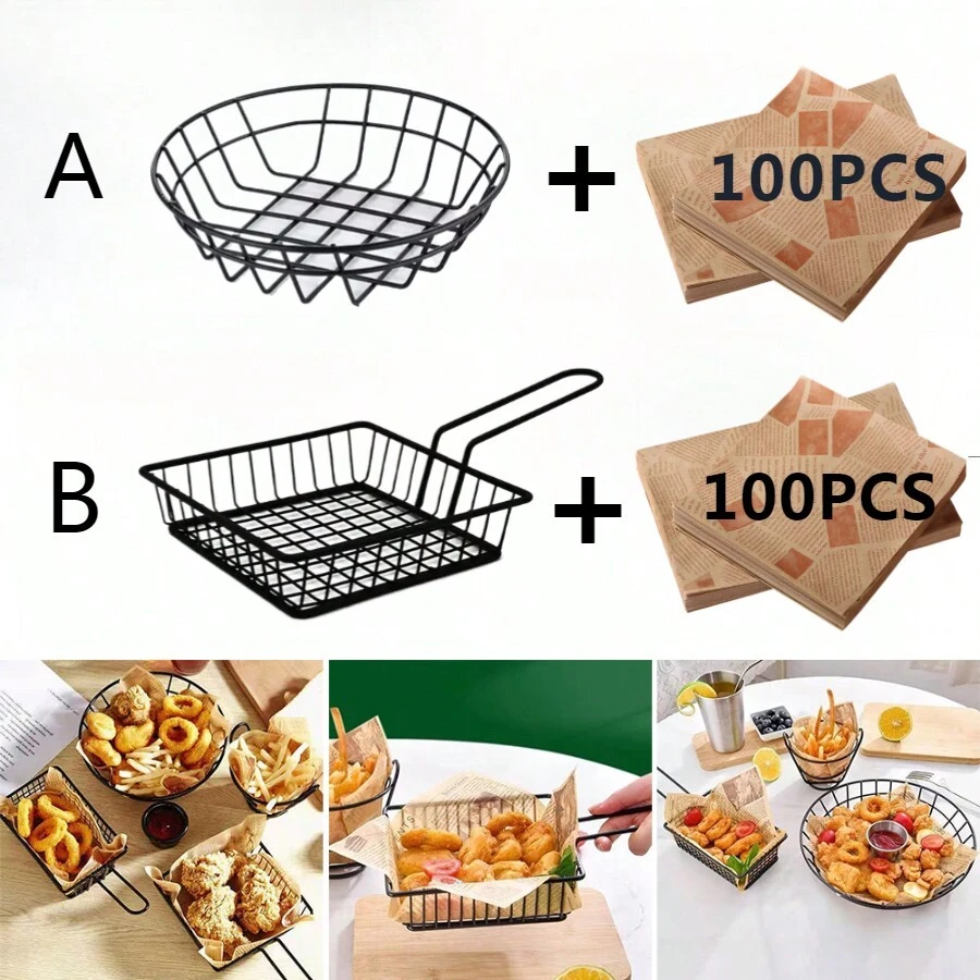 1pc Stainless Steel Mini Deep Fry Basket + 100pcs Oil Absorbing Paper, Great For Cooking French Fries And Storing Kitchen Supplies - Multicolor - View 1