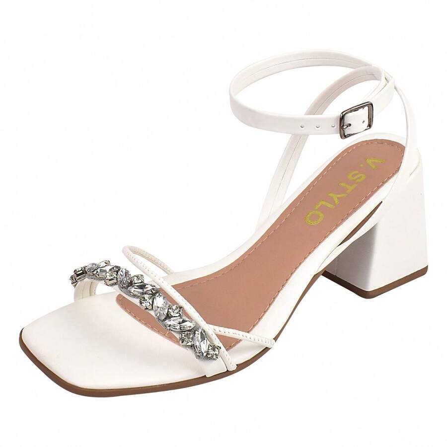 V.Stylo Geometric Block Heel Sandal With Rhinestones - 白色 - 查看 1