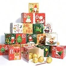 24 piezas/set Calendario de Adviento Caja de regalo de caramelos Cuenta regresiva navideña Caja de regalos con números del 1 al 24 Empaque impreso en 6 lados Se puede colocar en cualquier lugar Hermosa decoración de mesa Caja de papel - Multicolor - Ver 2