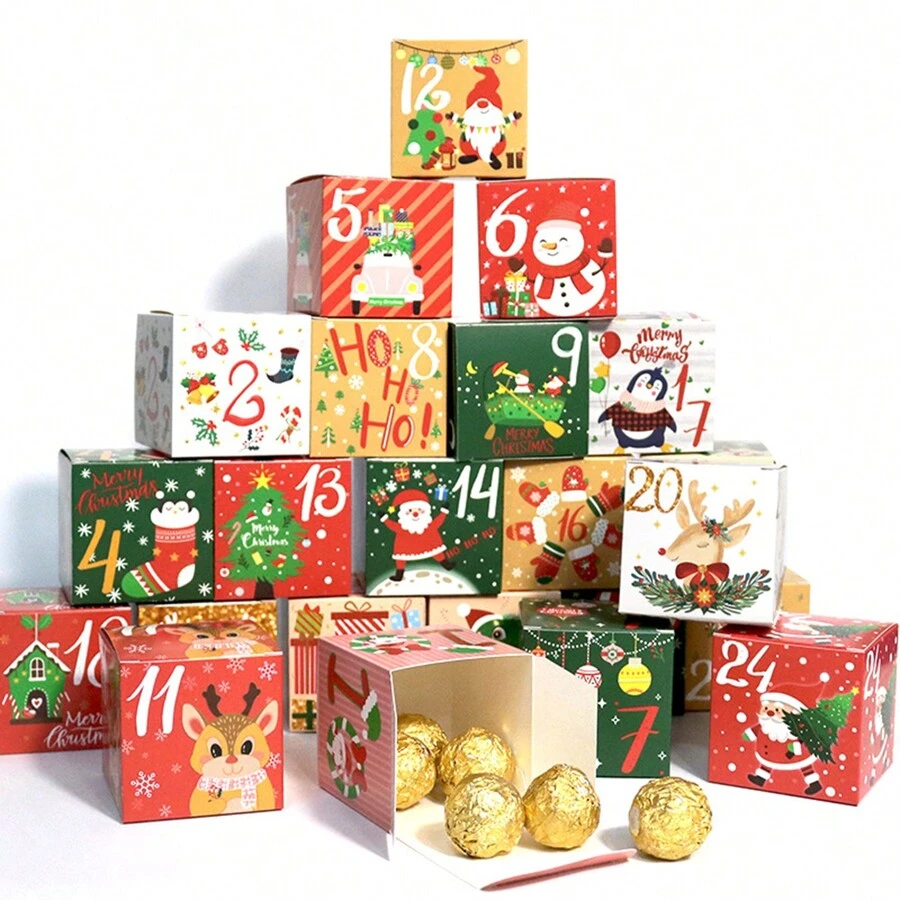 24 piezas/set Calendario de Adviento Caja de regalo de caramelos Cuenta regresiva navideña Caja de regalos con números del 1 al 24 Empaque impreso en 6 lados Se puede colocar en cualquier lugar Hermosa decoración de mesa Caja de papel