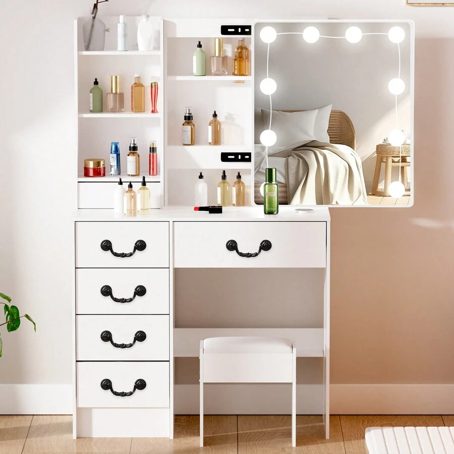 Vanity Makeup Table Dressing Desk Set With LED Lighted Sliding Mirror With Stool - White - View 1