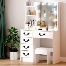 Vanity Makeup Table Dressing Desk Set With LED Lighted Sliding Mirror With Stool - White - View 2