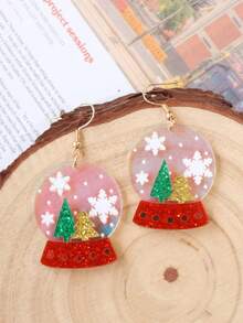 1 Cặp bông tai hình quả cầu pha lê trong suốt in hình bông tuyết bằng Acrylic hình cây thông Noel, Bông tai dễ thương lấp lánh Quà tặng ngày lễ - quả cầu pha lê giáng sinh - Xem 2
