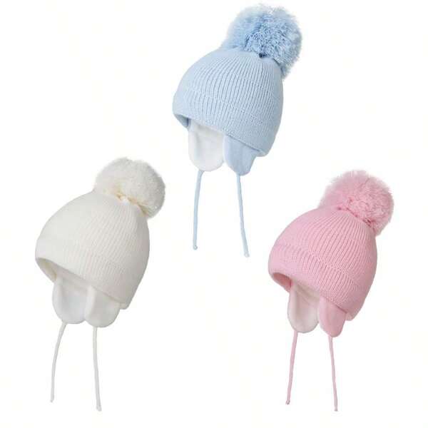 Gorros de invierno cálidos de punto para bebés niñas con pompones, gorros de niño y niña pequeños forrados térmicamente