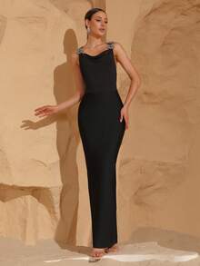 Modphy 新款性感露背无袖修身绷带长裙，奢华水钻装饰，优雅女士晚礼服，正式派对假日婚礼宾客礼服，春季黑色 - 黑色 - 查看 3