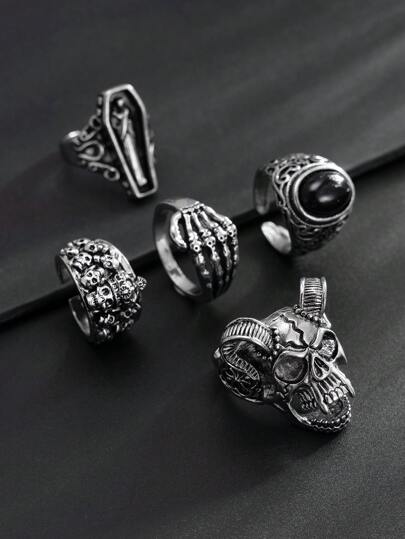 5pcs Punk Style Skull & Gemstone Decorated Ring Set For Men, Party Accessory
