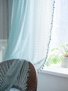 Bubaba 1pc Bohemian Farmhouse Style Grayish Blue Geometric Pattern Coin Curtain, With Grayish Blue Tassel Privacy Sheer Curtain, Suitable For Bedroom, Living Room, Kitchen, Dining Room, Office, Party, Holiday Decoration, All Season - Gray Blue - View 7