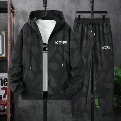 2pcs Boyfriend Style Men's Spring & Fall Camo Hooded Casual Jacket And Pants Outdoor Sports Tracksuit