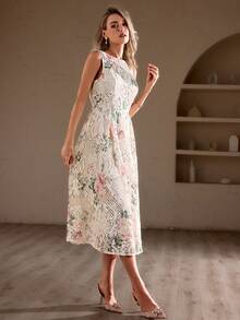 Simplee Women's Spring/Summer New Elegant Floral Print Lace Dress, Suitable For Wedding Guest, Party, Dignified Retro Style, Runs Slightly Large, Recommend Ordering One Size Down Vacation - Multicolor - View 6
