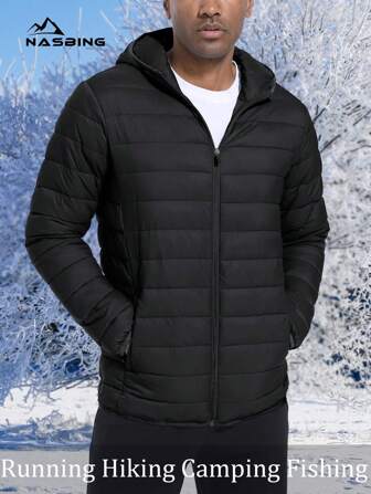 NASBING Men's Lightweight Packable Hooded Puffer Jacket Water Resistant Windproof Alternative Quilted Lined Winter Coat Running Fishing Camping Hiking