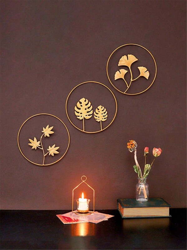3 piezas Colgante de pared de hierro, decoración colgante de diseño de hoja moderna para el hogar