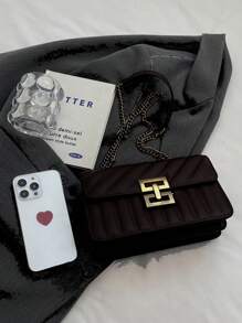 Minimalist Metal Decor Chain Shoulder Bag, Elegant PU Crossbody Bag, Flap Shoulder Bag, Women's Fashion Handbag & Phone Pouch - Black - View 3