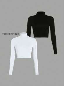 Duas Blusas Cropped Gola Alta e Manga Longa