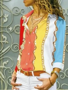 Áo sơ mi dài tay in họa tiết xích màu đơn giản giản dị cho nữ, Xuân/Hè - Nhiều màu - Xem 3