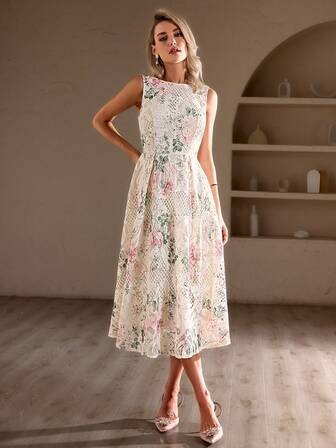 Simplee Women's Elegant Printed Lace Dress, Suitable For Wedding Guest, Party, Dignified Retro Old Money Style
