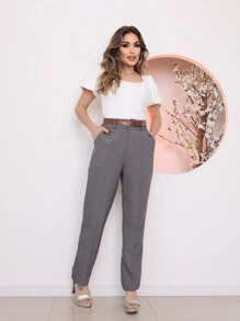 TAILORED TWILL PANTS, Basic Social Women's Fashion, COD 102 - Grey - View 1