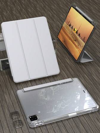 1pc Tri-Fold Back Completely Transparent For IPad Case, Shell Slim Stand Shockproof Anti Fall Pen Holder Anti-Fall Tablet Cover Compatible With Tablet For IPad Mini 4/5/6, 9.7/10.2/10.5 Inches, Air 4/5/6/7, 10th/11 Gen, Pro 11 Inches, Air 11(M2), Air 13, Air 13 And Pro 11(M4) Models. Clear Back Cover With High Transparency For DIY Personalization-Grey