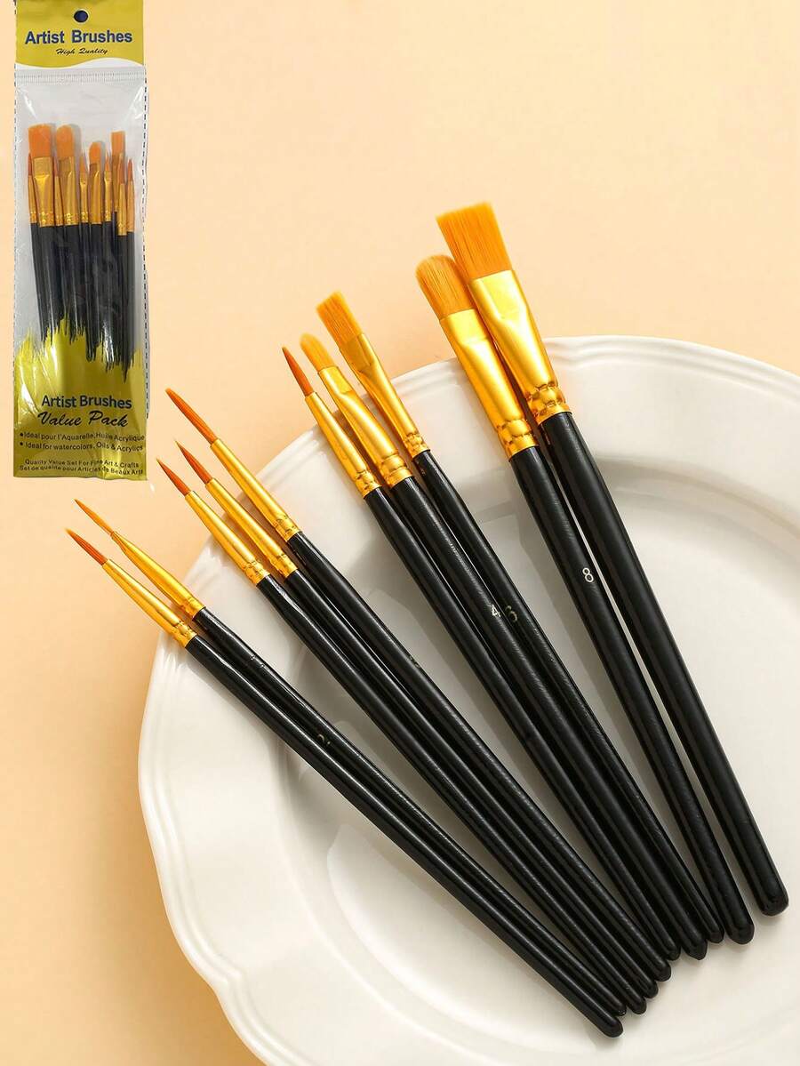 Bộ 10 cọ vẽ màu nước lông nylon & bút vẽ dầu, bộ cán gỗ - Nhiều màu - Xem 1