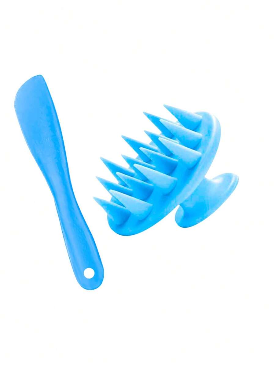Silicone Massage Brush Set For Shampoo Scalp Cleaning + Professional Multipurpose Spatula - 淺藍色 - 查看 1
