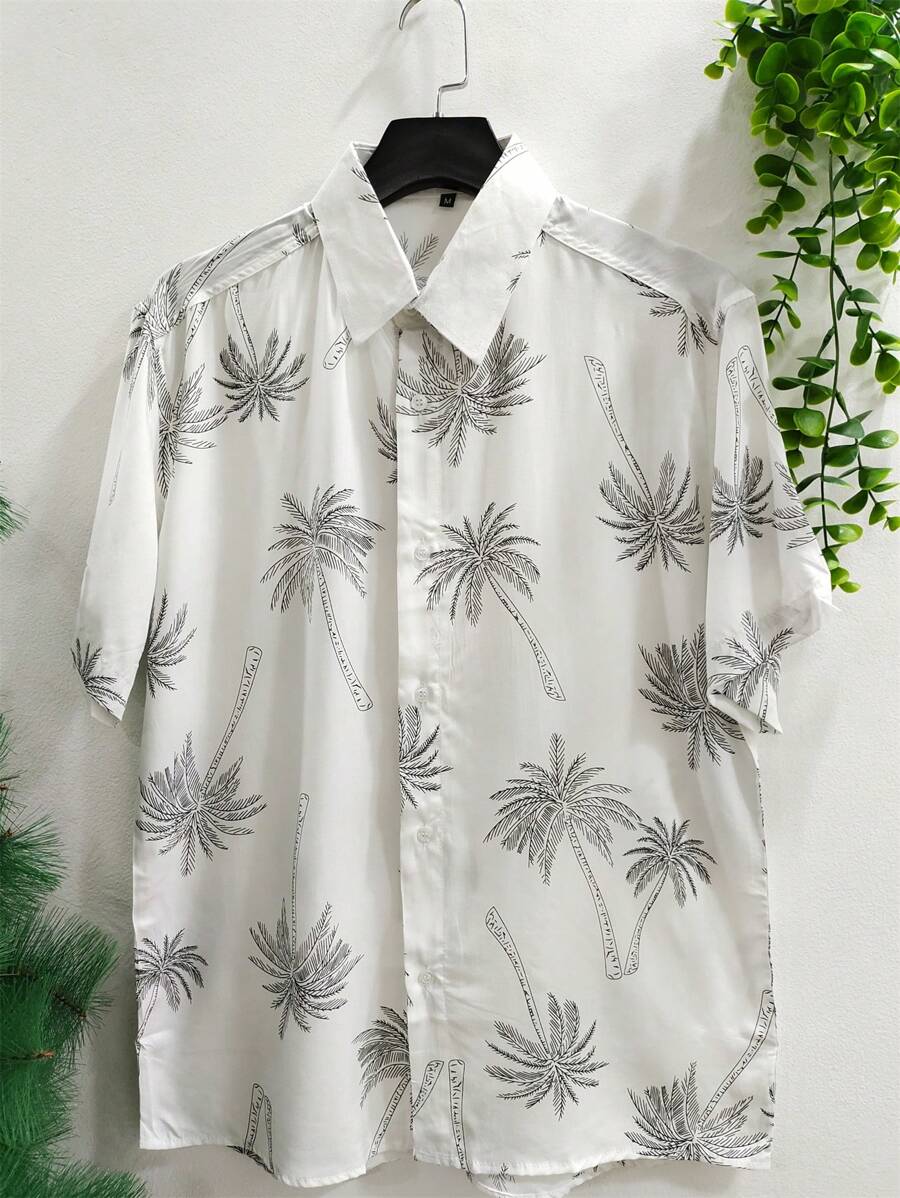 Floral Hawaiian Beach Shirt Summer Men's Short Sleeve Button Down 100% Viscose Fabric Shrinks A Little - 灰色 - 查看 1