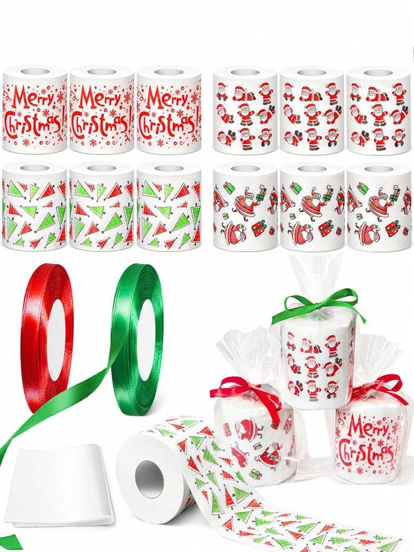 1 pezzo di carta igienica colorata a tema natalizio, con stampe di Babbo Natale e albero di Natale, decorazione per feste natalizie