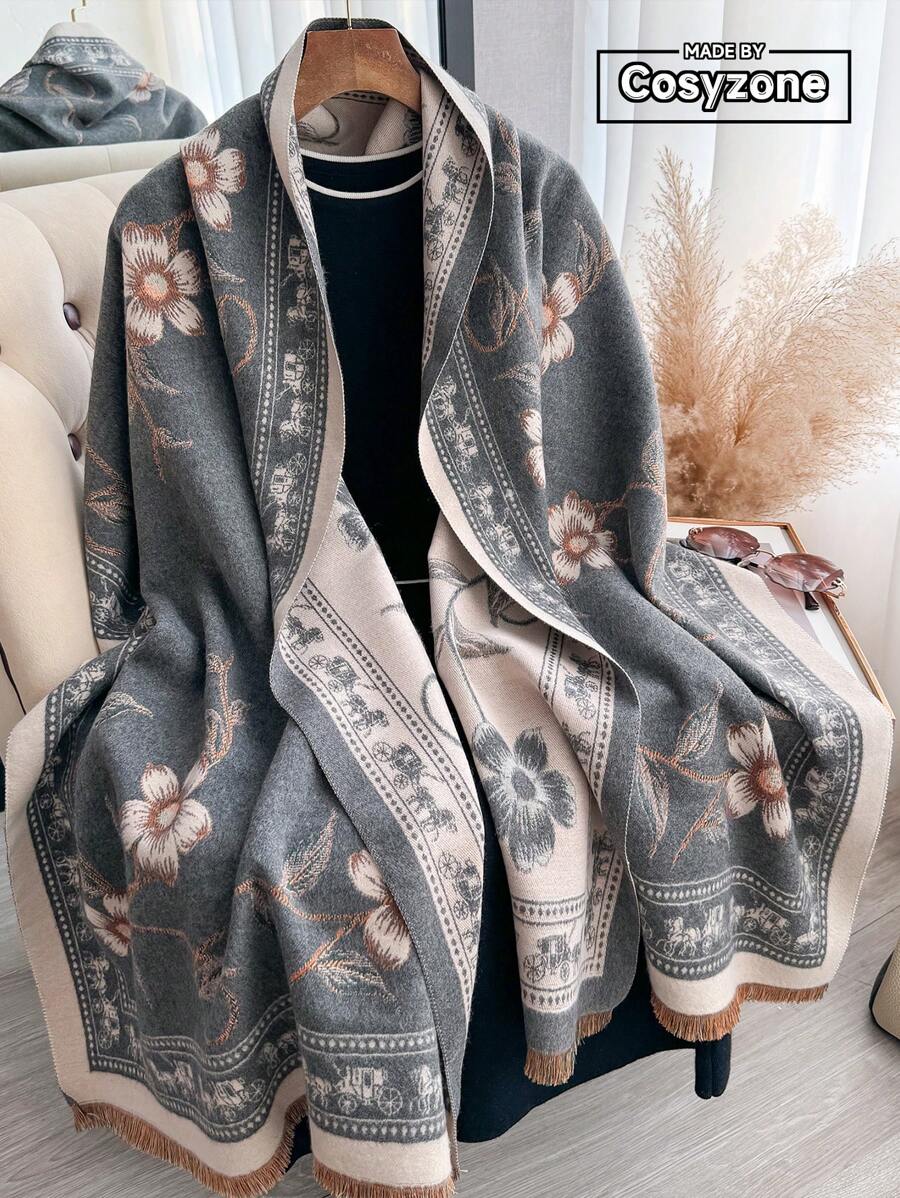 1pc New Simple Floral Pattern Jacquard Faux Cashmere Warm Scarf For Women, Fashion Autumn Winter Shawl Suitable For Decoration Accessories Women - Multicolor - View 1