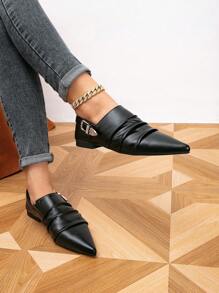 Giày lười đế bằng mũi nhọn khóa kim loại thời trang thu/đông cho nữ, dây chun thoải mái, giày lười đế bằng đơn giản, giày bệt thường ngày - màu đen - Xem 3