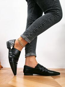 Giày lười đế bằng mũi nhọn khóa kim loại thời trang thu/đông cho nữ, dây chun thoải mái, giày lười đế bằng đơn giản, giày bệt thường ngày - màu đen - Xem 2