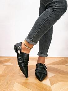 Giày lười đế bằng mũi nhọn khóa kim loại thời trang thu/đông cho nữ, dây chun thoải mái, giày lười đế bằng đơn giản, giày bệt thường ngày - màu đen - Xem 4