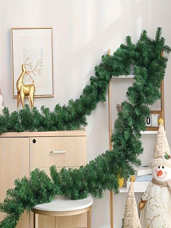 1pc 8.8ft Green Pine Needle Garland, Artificial Vine, Christmas Tree Fake Pine Branches, Christmas Red Bow Metal Aluminum Foil Tassel Wreath, Christmas Tree White Edged Ribbon Decor, Suitable For Christmas Tree, Staircase Railing, Fireplace Wreath Garland