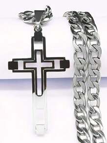 1pc Men's Fashion Hollow Cross Pendant Necklace - Silver - View 5