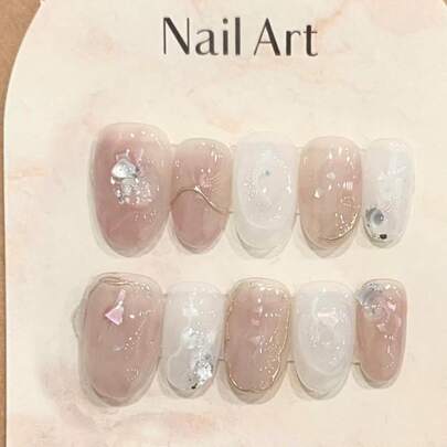 10片短款椭圆形手工按压式美甲贴片，适合派对和日常佩戴，秋冬季美甲，粉色系，易于佩戴