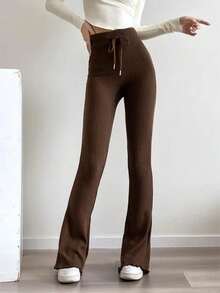 1 quần ống loe cạp chun rút dây màu trơn thanh lịch, mặc thường ngày - màu nâu - Xem 1