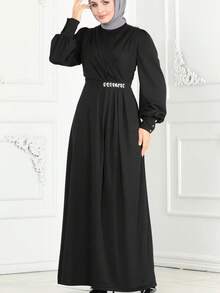 Fashion Women's Black Solid Round Neck Diamond Inlaid Waistband Waist Cinching Long Sleeved Robe Dress - Black - View 5