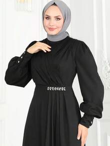 Fashion Women's Black Solid Round Neck Diamond Inlaid Waistband Waist Cinching Long Sleeved Robe Dress - Black - View 3