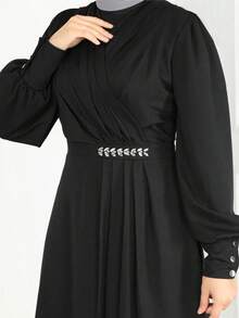 Fashion Women's Black Solid Round Neck Diamond Inlaid Waistband Waist Cinching Long Sleeved Robe Dress - Black - View 4