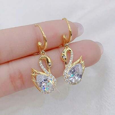 1 par de pendientes elegantes y de alta gama con diseño de cisne de cristal incrustado, para uso diario y de fiesta, regalo de Navidad limitado