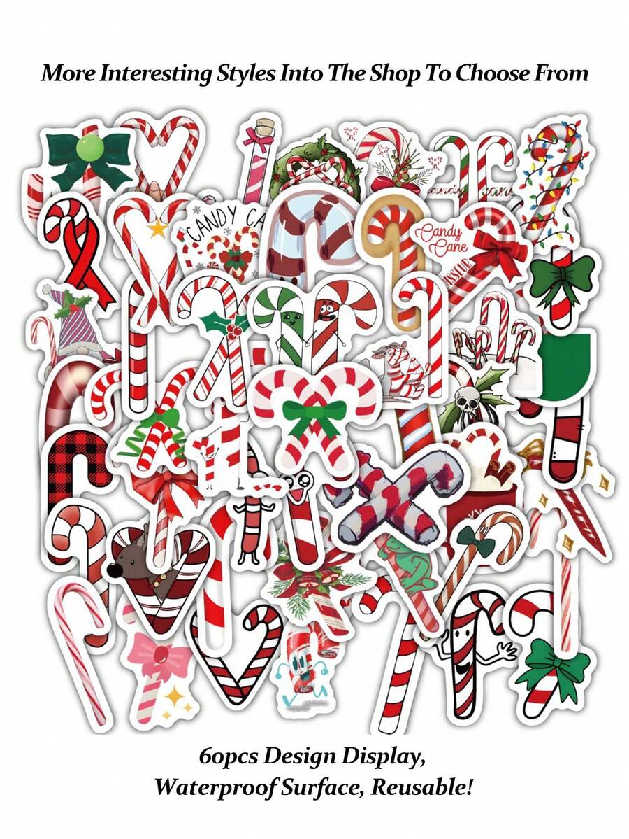 60 张圣诞贴纸、节日贴纸、驯鹿、拐杖糖、圣诞老人、圣诞树、圣诞夜、圣诞铃铛、儿童圣诞礼物、有趣可爱的卡通贴纸 - 彩色 - 查看 1