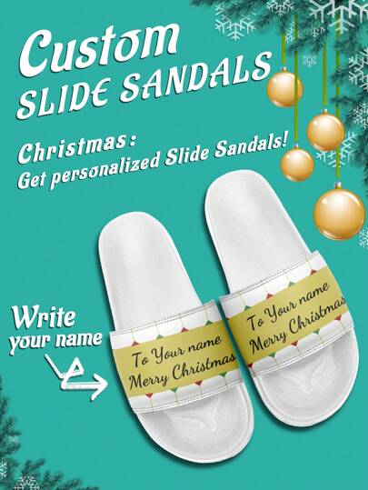 1 Pair Christmas Name Custom Slide Sandals, Personalized Santa Photo Slide Sandals, Custom Name Christmas Hat Thick Sole Slide Sandals, Personalized Slide Sandals, Photo Slide Sandals, Personalized Slide Sandals For Women And Men, Personalized Slide Sandals, Christmas Gift For Mom/Dad/Her/Him/Girlfriend/Boyfriend/Wife/Husband/Friend